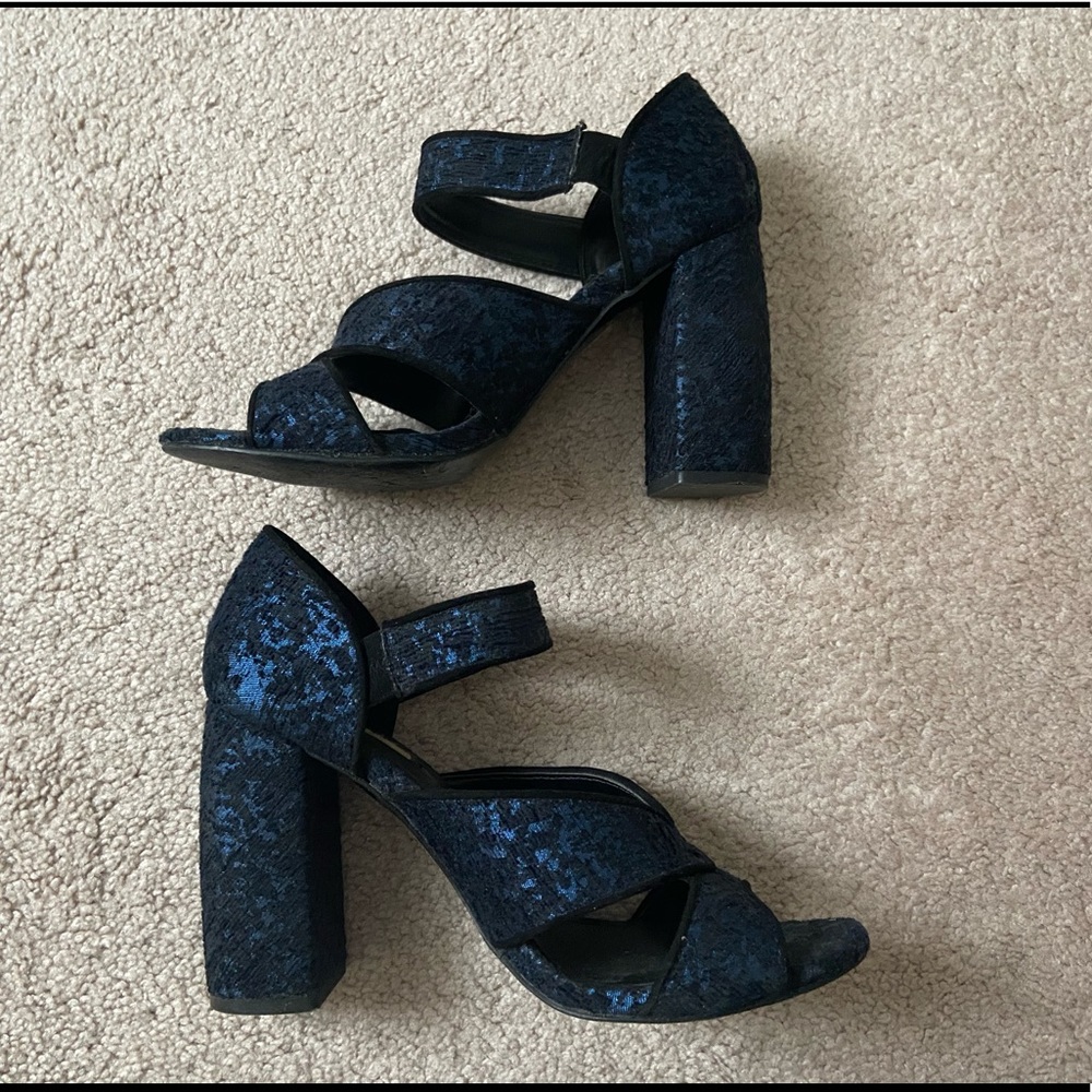 Zara Basic velvet damask blue heeled sandals